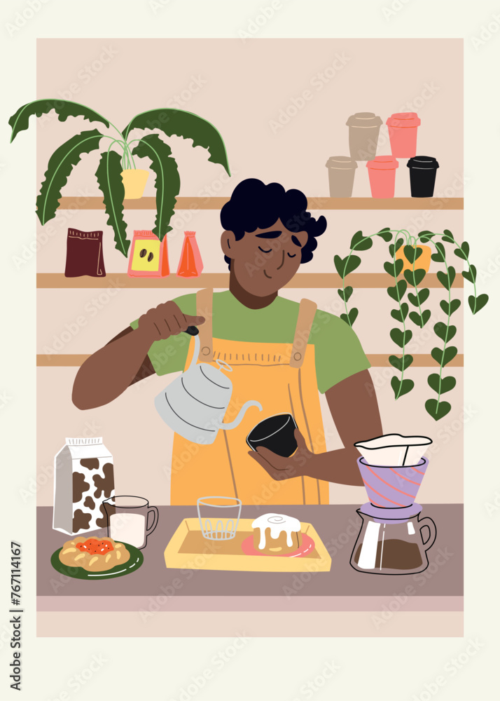Cute barista making specialty coffee in a cozy cafe interior vector illustration. Men worker with cups preparing cappuccino, filter, espresso. Modern flat hand drawn vector illustration graphic Cute barista making specialty coffee in a cozy cafe interior vector illustration. Men worker with cups preparing cappuccino, filter, espresso. Modern flat hand drawn vector illustration graphic