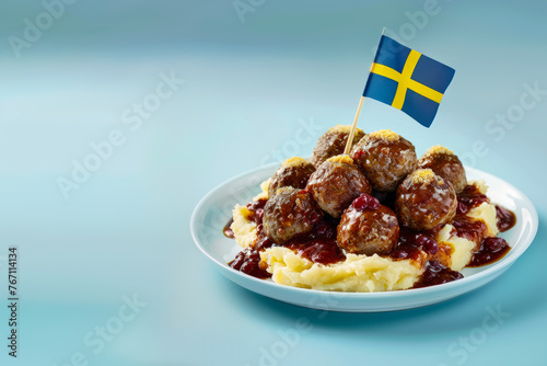 Traditional swedish meatballs with meat sauce and mashed potatoes on a plate with Swedish flag. Kottbullar. Light blue color background, side view. Space for text.
