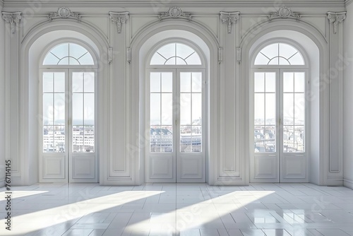 White Empty Classical Room with Large Windows and City View  3D Interior Mockup