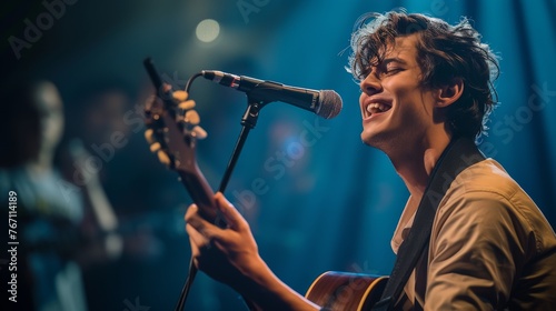 A man is singing into a microphone while holding a guitar