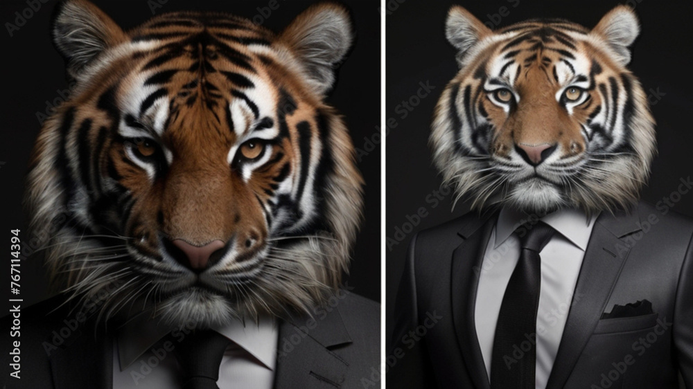 Friendly tiger wearing formal business suit, studio shoot on plain color background, cooperative business concept.	