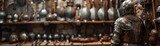 Picture a scene of an ancient castle armory filled with swords, shields, and suits of armor, all awaiting the brave knights gearing up for epic battles on the battlefield.