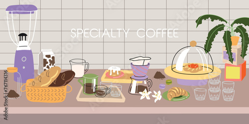 Vector hand painted cafe tasty pastry desserts and specialty coffee illustration. Cute flat simple hand drawn icon cafe interior composition, premade poster, banner