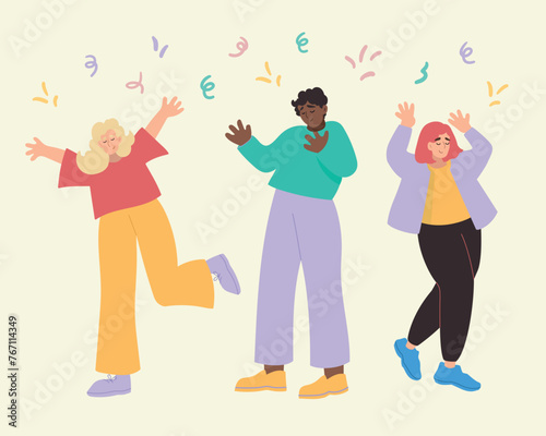 Happy free diverse party people dancing and jumping in air. Concept of freedom, happiness and aspirations. Colored flat vector illustration isolated on simple background