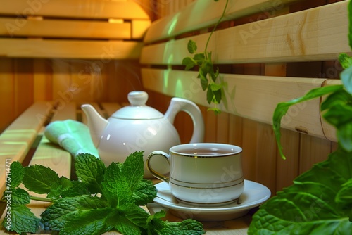 fresh mint leaves beside tea set on sauna bench
