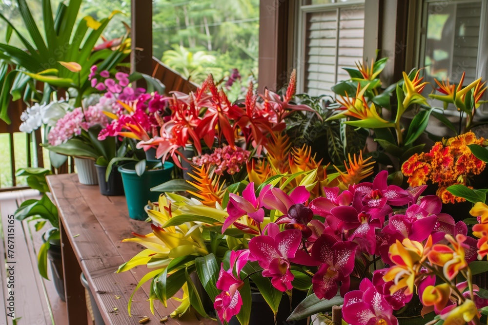 veranda potting session, colorful tropical flowers