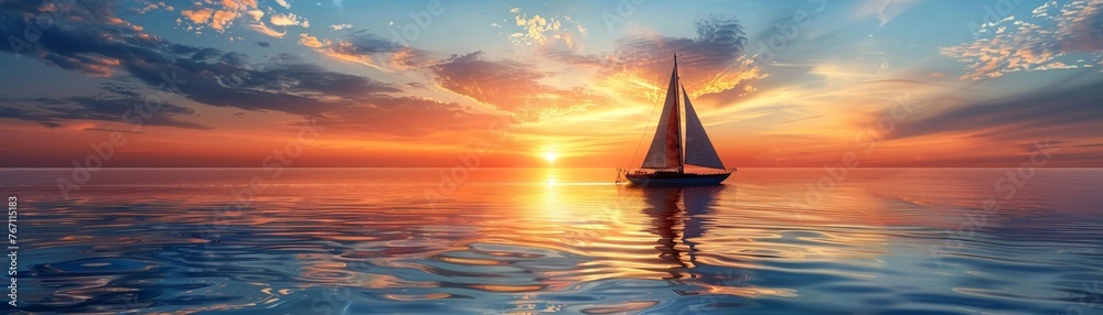 Lone yacht sailing the Atlantic at dawn horizon endless