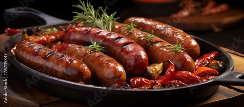 A delicious dish of sausages and peppers served in a pan on a rustic wooden table, showcasing the savory blend of ingredients in this classic recipe