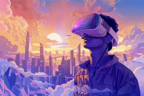 Young man wearing VR headset exploring virtual cyber world, technology concept illustration photo