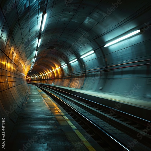 Underground subway tunnel an empty train speeding into the void