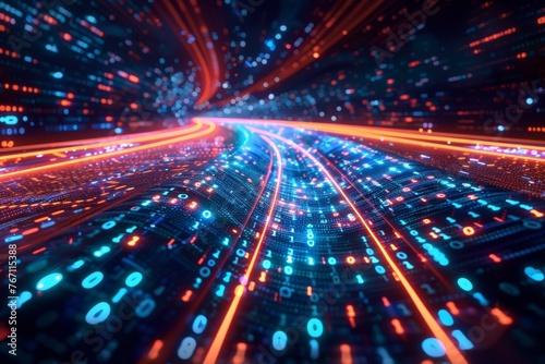 The digital technology scene vividly displays a dynamic and interconnected realm of binary code  symbolizing advancement  connectivity  and growth within the industry.