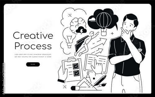 Creative process - modern line design style banner with copy space for text. Composition with thinking man, brainstorming. Generation of ideas, flight of fancy and innovation idea