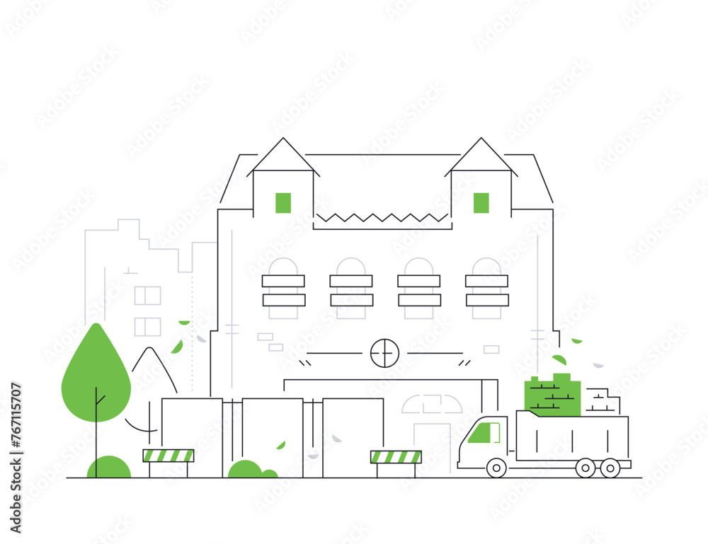 City building and car - modern line design style illustration on white background. Composition with street with residential building and shop on the ground floor. Urban style, architecture