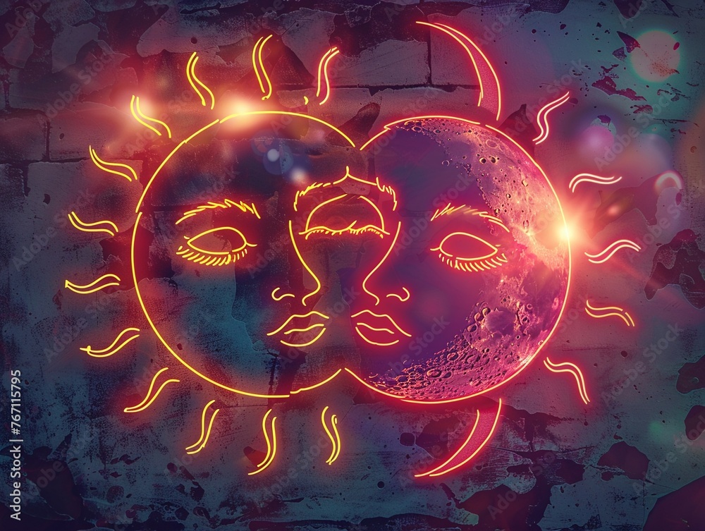 Neon sun and moon in vintage eclipse warm and cool glows nostalgic design cosmic harmony