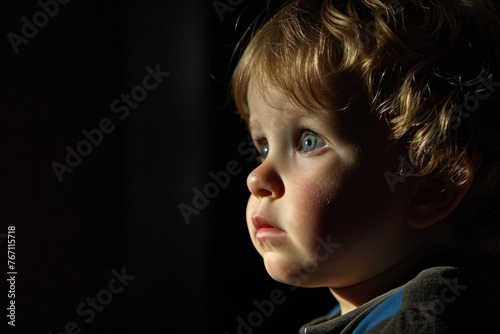 Portrait of a little boy on a dark background. Shallow depth of field.