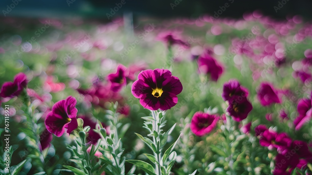 Bokeh background with petunia flowers in natural summer field