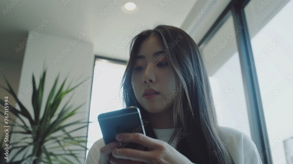 A woman customer holding smartphone using apps on mobile cell phone, looking at cellphone technology device doing online ecommerce shopping or banking financial payments at home. A woman customer holding smartphone using apps on mobile cell phone, looking at cellphone technology device doing online ecommerce shopping or banking financial payments at home.