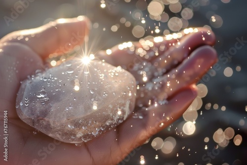 closeup of an alum stone in the palm, with water droplets sparkling in sunlight photo
