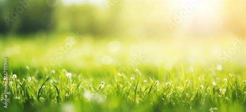 Beautiful spring background with green grass and sunlight