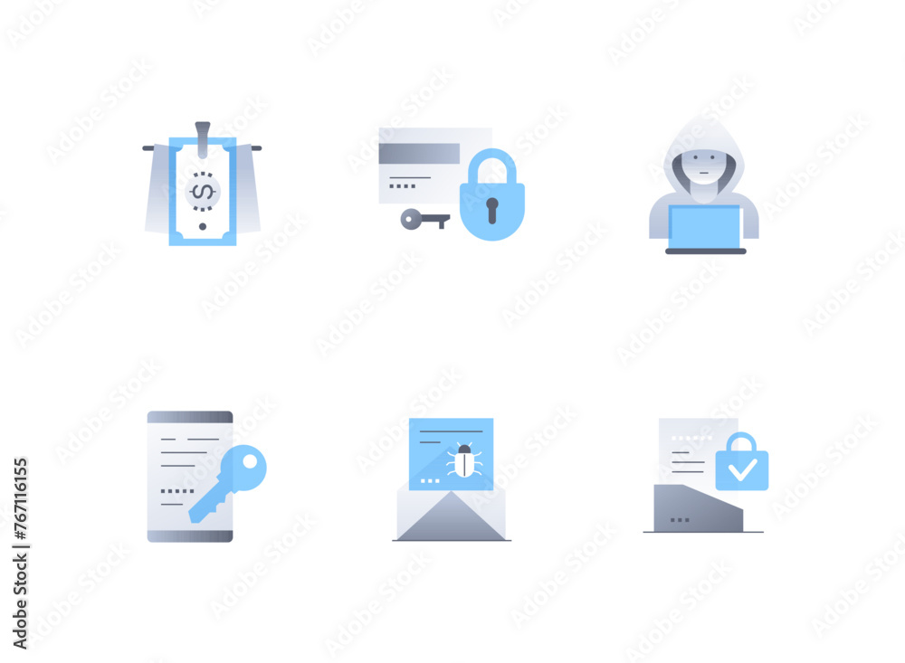 Hacking and data breach - flat design style icons set. High quality colorful images of money laundering, pick up the key to lock, computer genius, smartphone password, virus letter and verified files Hacking and data breach - flat design style icons set. High quality colorful images of money laundering, pick up the key to lock, computer genius, smartphone password, virus letter and verified files