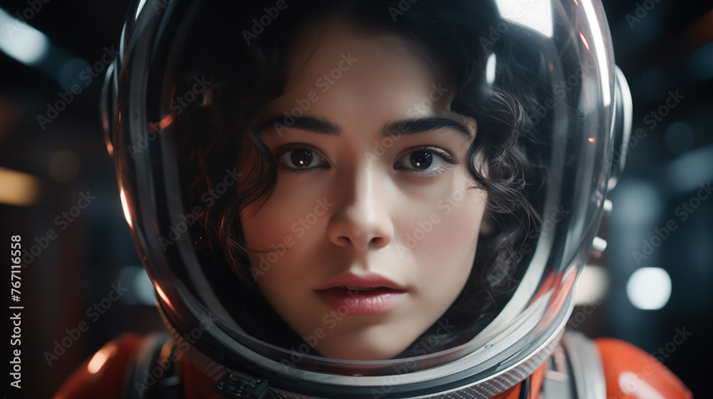Woman astronaut wearing space helmet and suit. Woman manned mission to Mars, space exploration colonization. Portrait of woman astronaut wearing a space suit in international space station - obrazy, fototapety, plakaty 