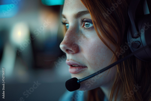 Portrait of a red-haired woman in a headset works in the office. Close-up.
