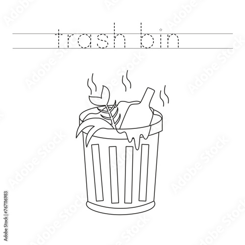 Trace the letters and color cartoon trash bin. Handwriting practice for kids.
