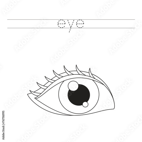 Trace the letters and color cartoon eye. Handwriting practice for kids.