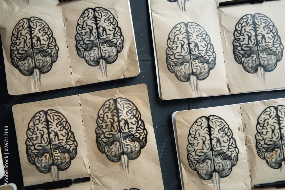Fototapeta premium composition of several notepads with drawn brain parts in sequence