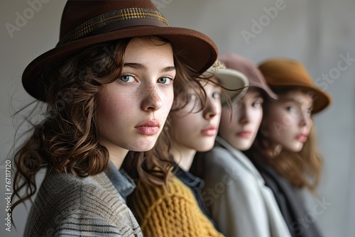 Fashionable young women wearing different hats