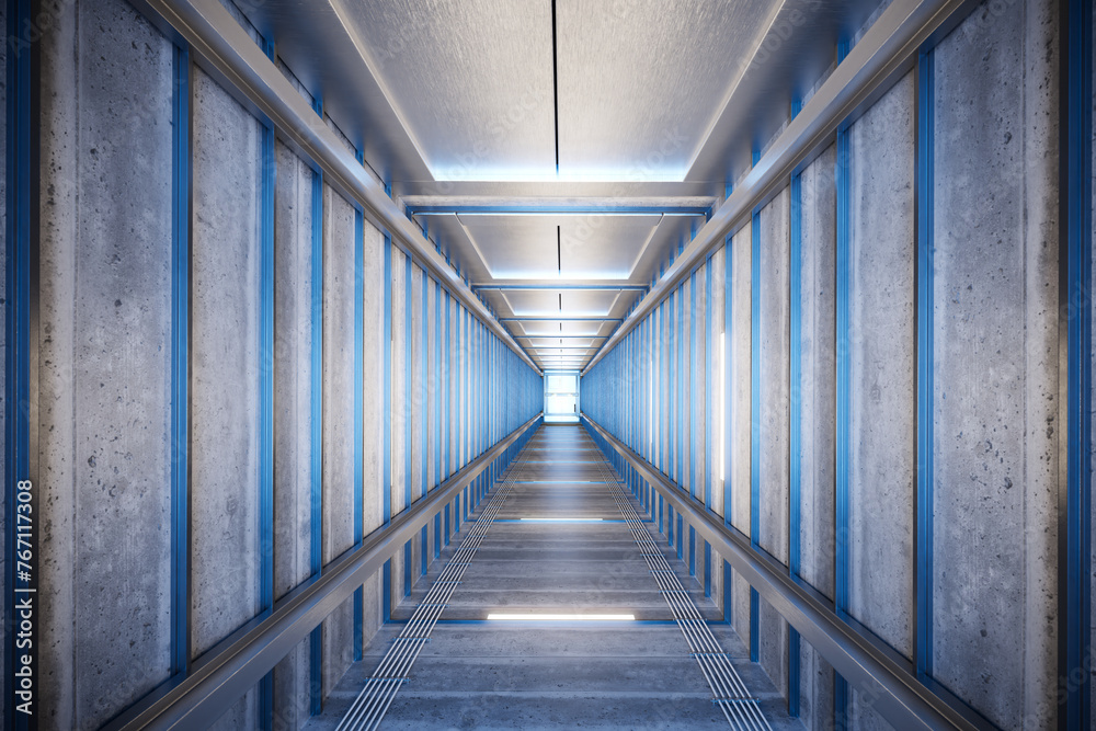 Futuristic Industrial Corridor Illuminated by Vibrant Blue Lights