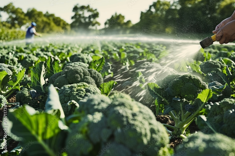 broccoli field with sprinklers on, person checking water flow - obrazy, fototapety, plakaty 
