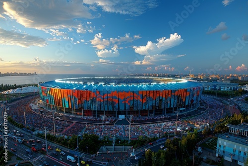 A Vibrant Sunset Over a Bustling Stadium Amidst City Lights.