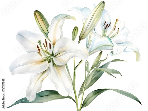 Elegant White Lily Flowers with Green Stems in Vibrant Watercolor Painting