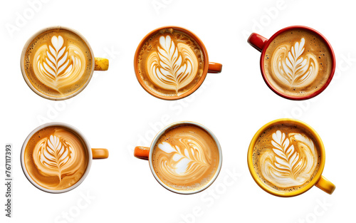 Collection of hot coffee latte with beautiful milk foam latte art texture isolated on a transparent background, top view, PNG