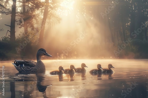 Mother duck with ducklings swimming in misty water
