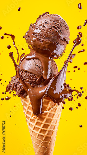 Scoop of crave-worthy dark rich chocolate ice cream with velvety texture in waffle cone with melting dripping, chocolate sauce on yellow background