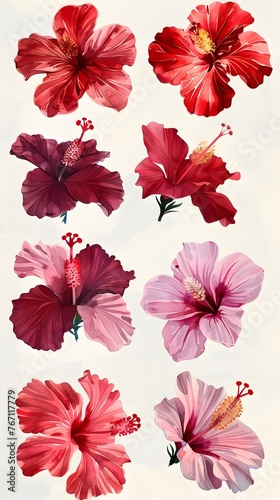 Vibrant Watercolor Hibiscus Blooms in Shades of Red and Pink Tropical Floral Background with Lush Botanical Petals
