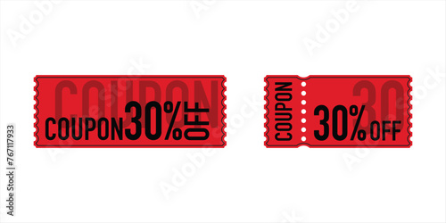 Coupon discount 30%.set of red coupon templates.