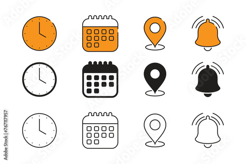 A set of icons, a clock, a calendar, an address pointer, and a bell.