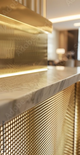 closeup of the front counter, white marble and light brown leather background wall. thin metal mesh, creating an elegant contrast between natural materials and modern design elements