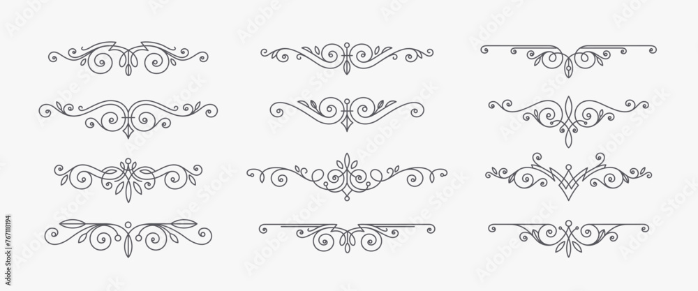 Set of calligraphic flourishes elegant ornamental dividers. Page decorations design elements. Vector illustration.