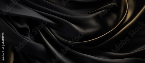 A detailed closeup of black satin fabric with shimmering gold highlights, resembling the intricate patterns found in automotive design or the sleek texture of an automotive tire rim