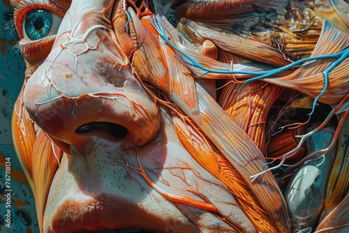 Hyper-realistic depiction of facial anatomy with vivid colors