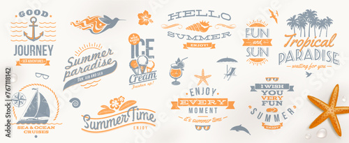 Set of summer holidays, travel and vacation retro emblems and logo. Type design, Vector illustration.