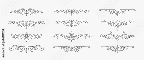 Set of calligraphic flourishes elegant ornamental dividers. Page decorations design elements. Vector illustration.