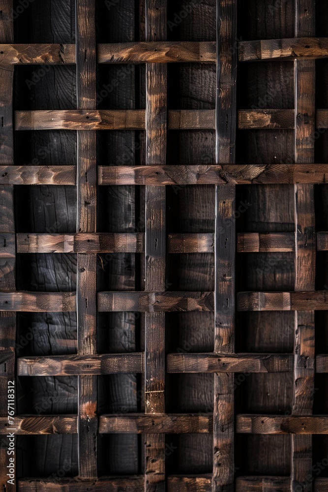 A closeup of the slats in an antique wooden shutter, showcasing their intricate patterns and textures. A closeup of the slats in an antique wooden shutter, showcasing their intricate patterns and textures.