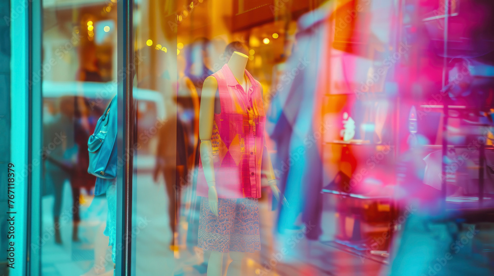 A window display of clothing with a pink shirt and a blue jacket. The window is reflecting the people outside