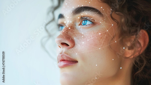 Young woman's face with network of facial recognition hologram. Ai technology concept photo