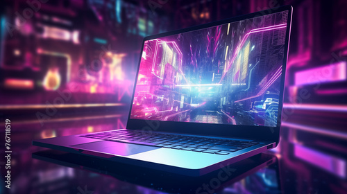 Futuristic illustration about computer technology with a laptop in neon colors. For cover backgrounds, wallpapers and other modern projects